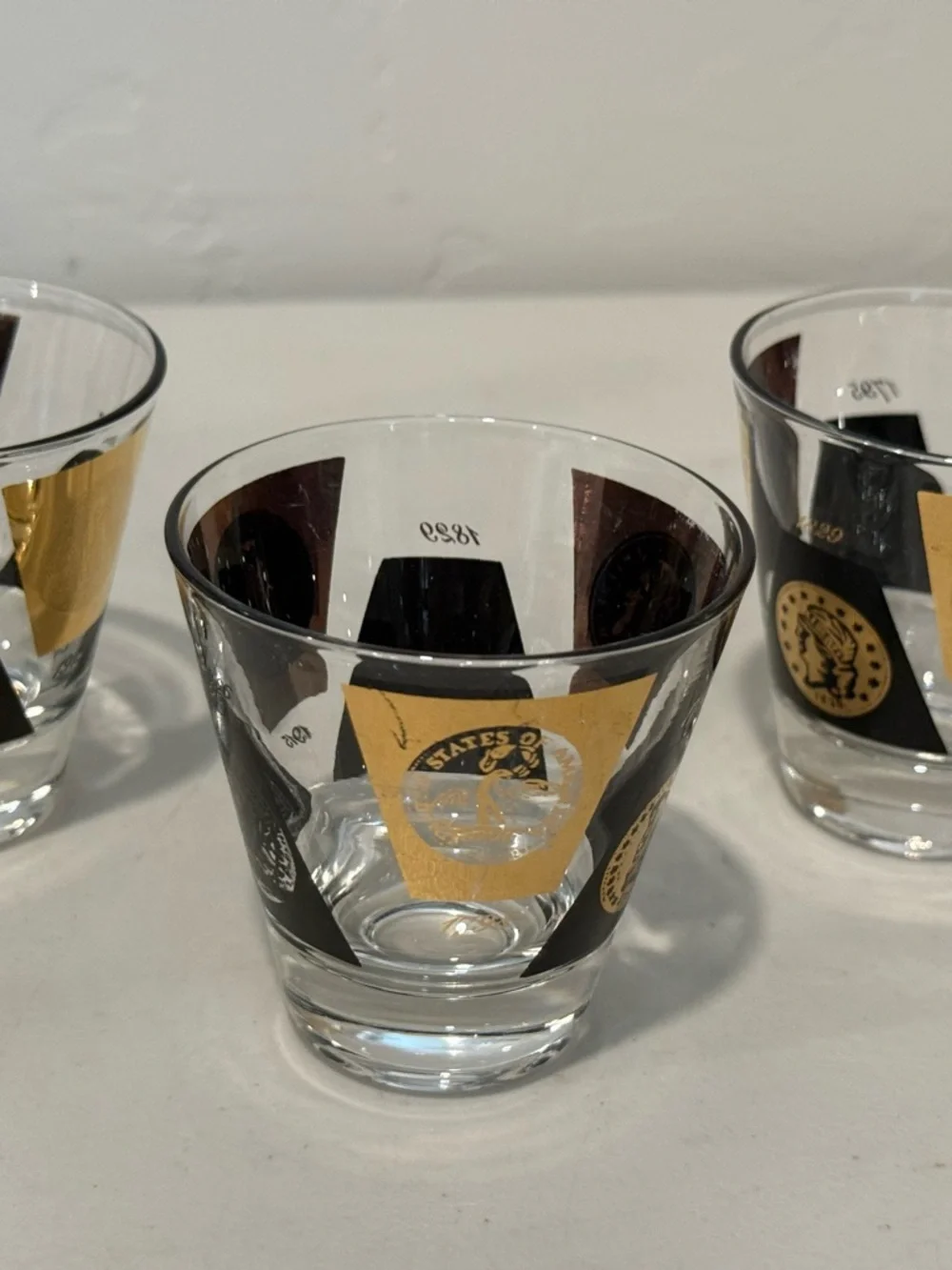 Set 3 Mid Century Cera Glass 22K Gold w/ Coin Emblem Design 